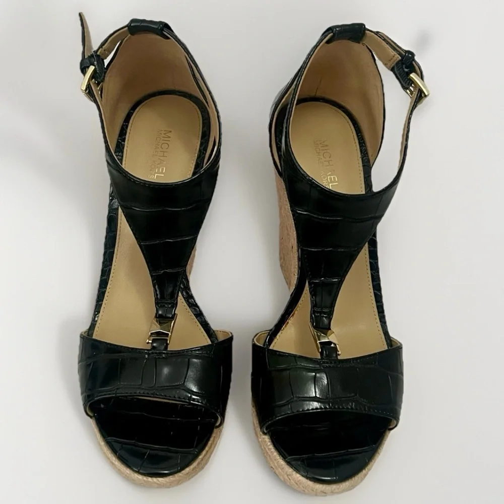 Michael Kors Fanning Espadrille Wedge Shoes Women’s Sz 8 Black Faux Leather Jute
